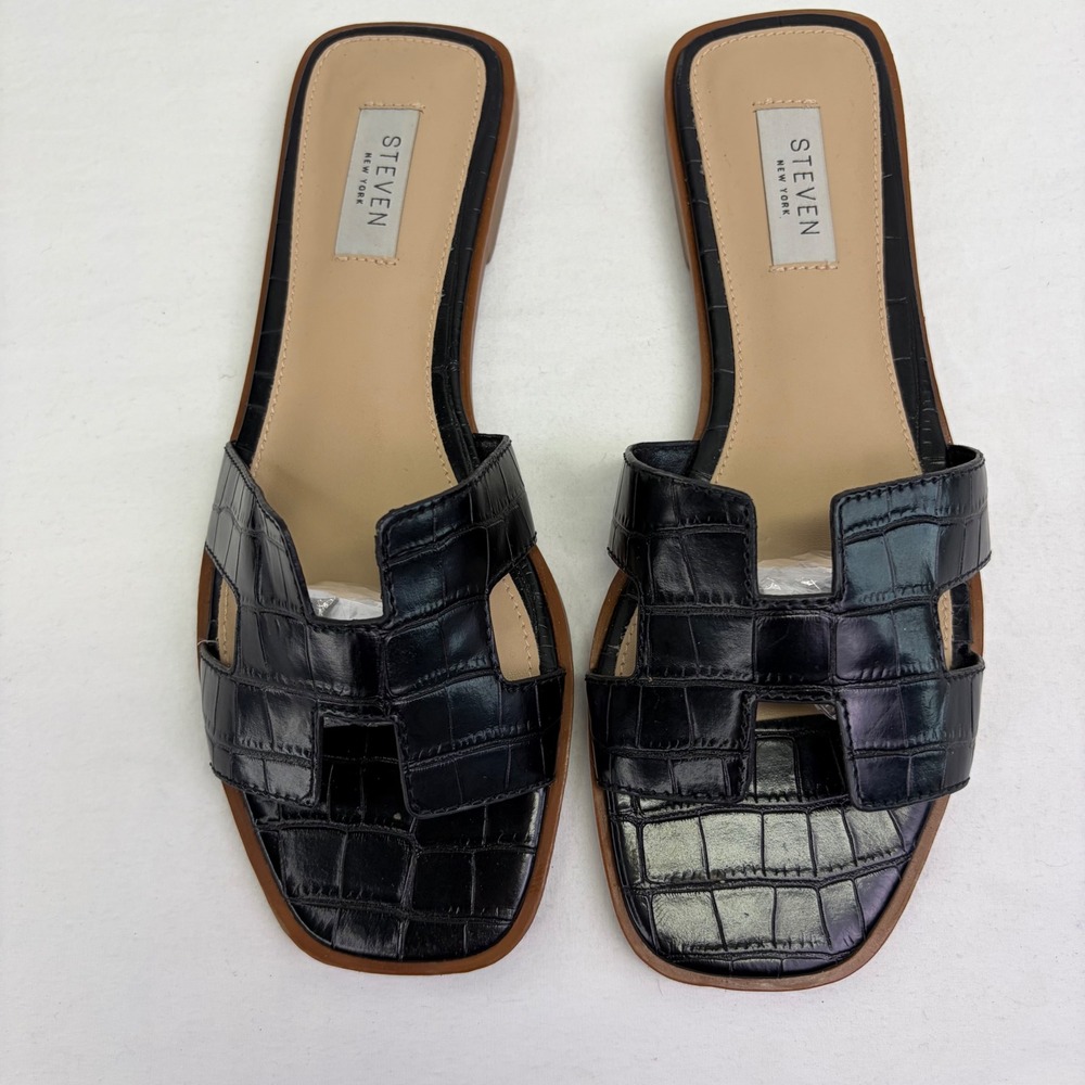 Steven New York Hanna Slides Women 8 Black Croc Embossed Sandals Chic Minimalist
